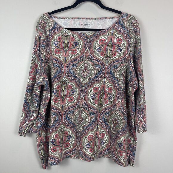 Talbots Womens Top 2X Multicolor Paisley Tee Boat Neck Stretch Bohemian Colorful - Picture 1 of 7